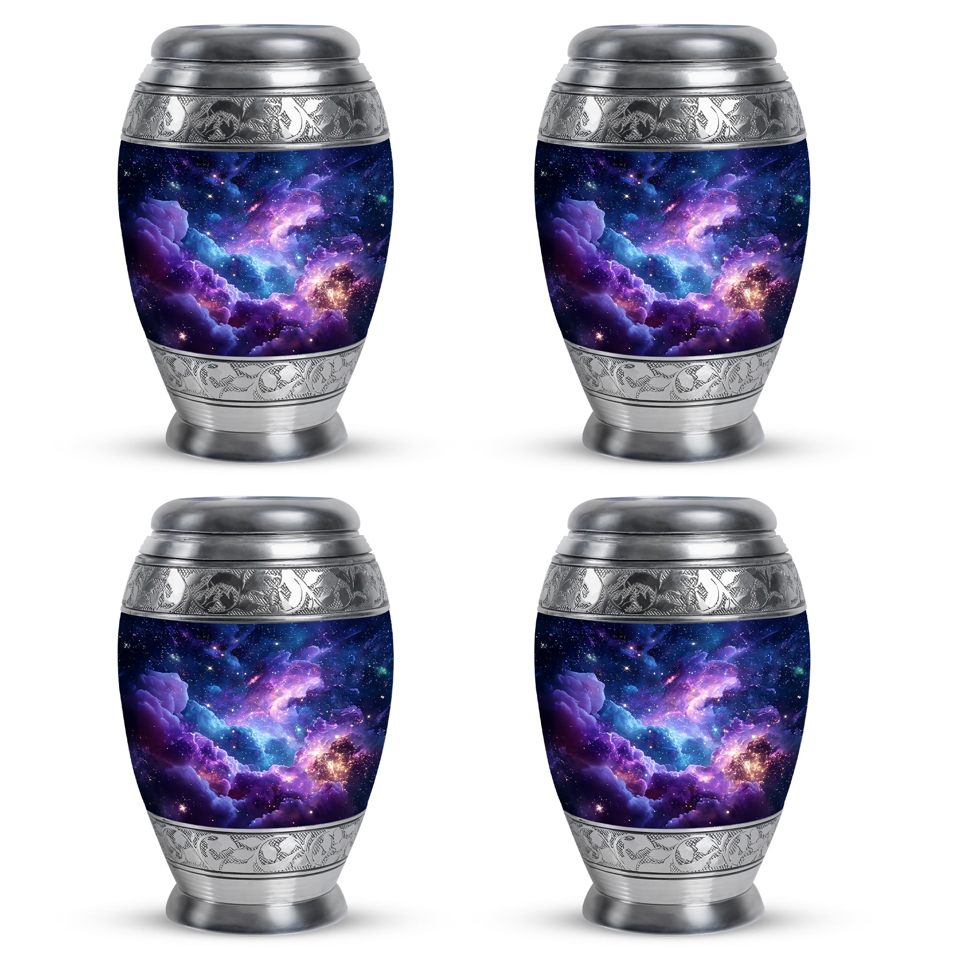 Icy Blue Galaxy Cremation Urn urn with complimentary velvet bag - ornate monarch-style galaxy relief on brushed aluminum - 10 inch aluminum urn for cremated remains