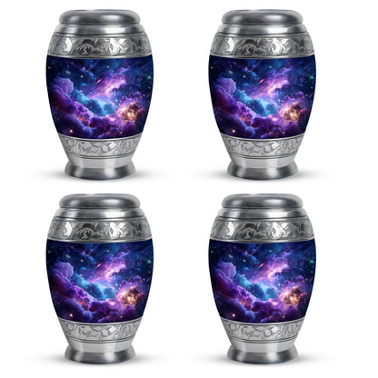 Icy Blue Galaxy Cremation Urn urn with complimentary velvet bag - ornate monarch-style galaxy relief on brushed aluminum - 10 inch aluminum urn for cremated remains