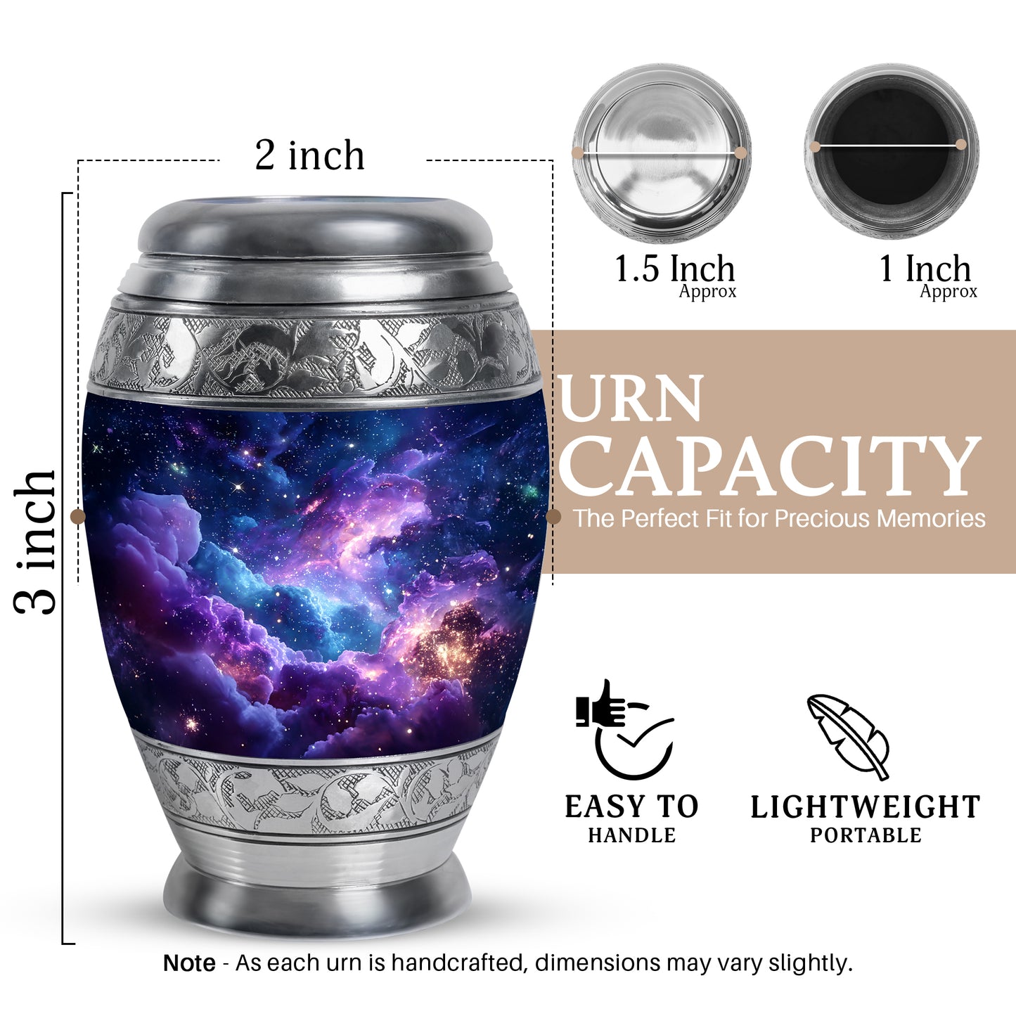 Powder Blue Galaxy Cremation Urn lifestyle display on memorial shelf - regal galaxy design with crown-inspired accents - mini keepsake memorial for portion of cremation ashes