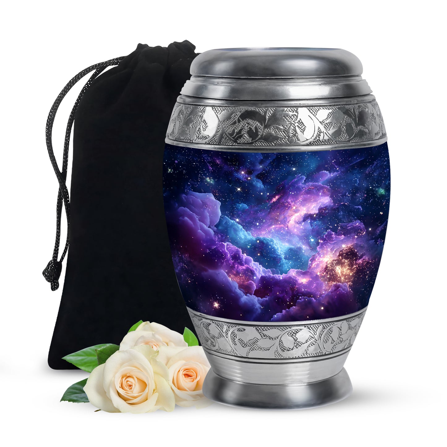 Serene Blue Galaxy Cremation Urn back view with polished surface - royal galaxy engraving with decorative scrollwork - full-size 10 inch 200 cubic inch adult cremation urn