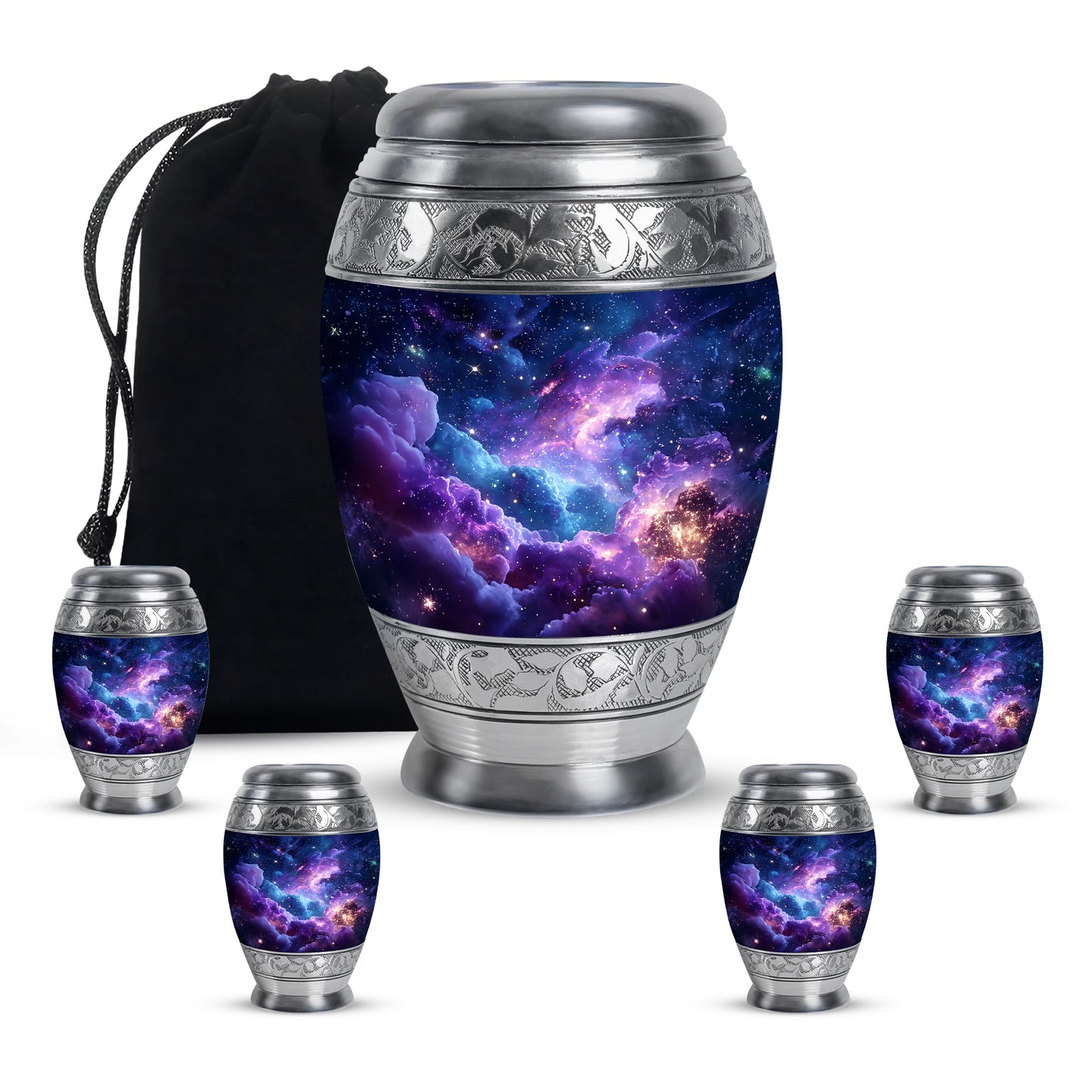 Celestial Blue Galaxy Cremation Urn detail view - ornate monarch-style galaxy relief on brushed aluminum - memorial set with one large and four small urns