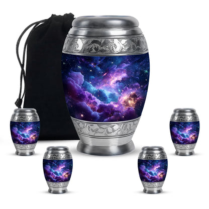Celestial Blue Galaxy Cremation Urn detail view - ornate monarch-style galaxy relief on brushed aluminum - memorial set with one large and four small urns