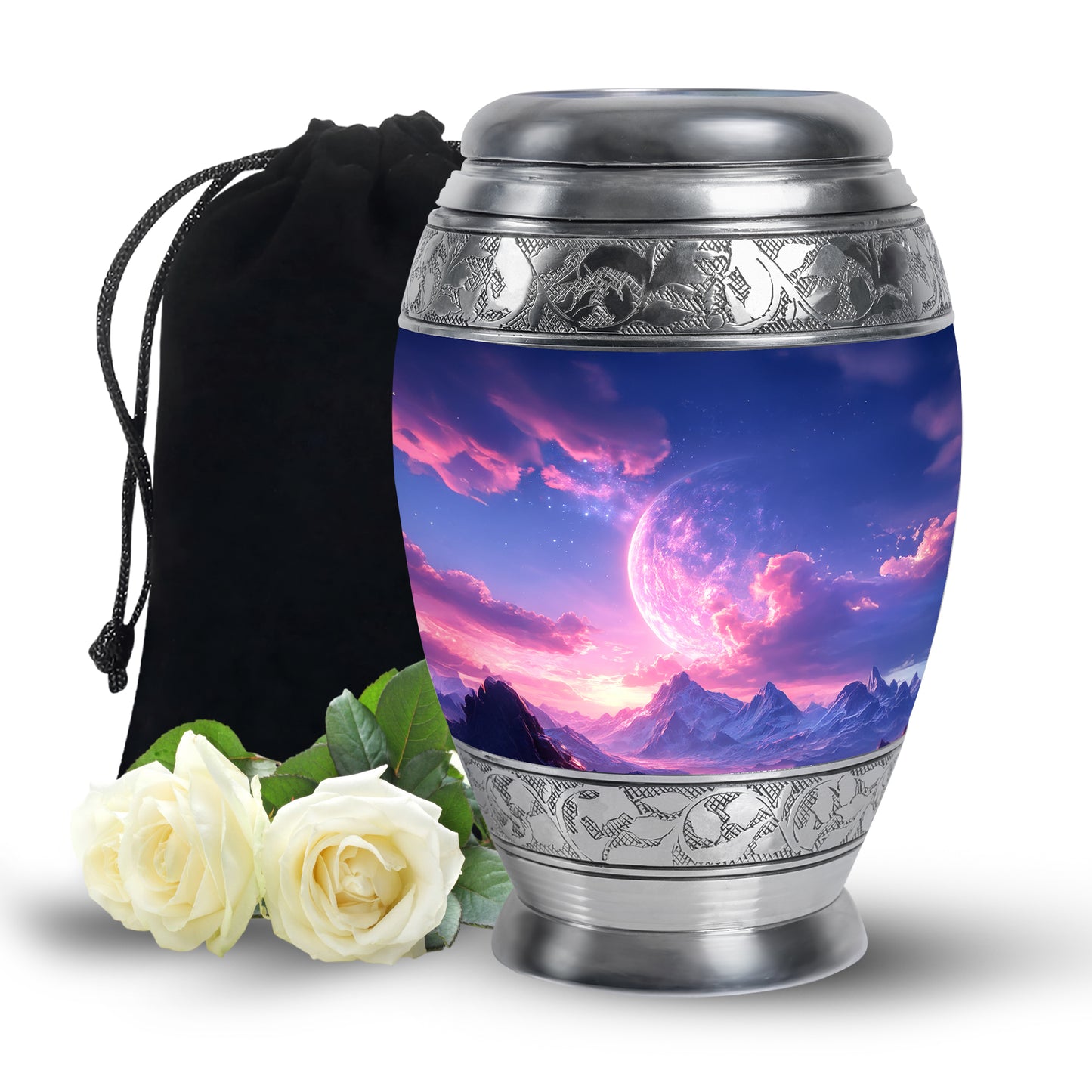 Misty Blue Galaxy Cremation Urn back view with polished surface - ornate monarch-style galaxy relief on brushed aluminum - full-size 10 inch 200 cubic inch adult cremation urn