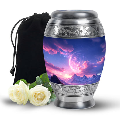 Misty Blue Galaxy Cremation Urn back view with polished surface - ornate monarch-style galaxy relief on brushed aluminum - full-size 10 inch 200 cubic inch adult cremation urn