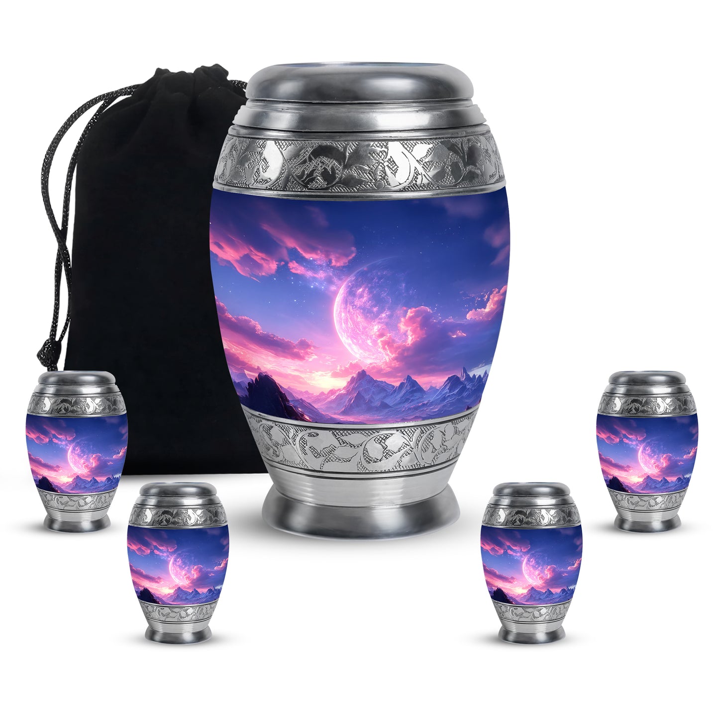Calming Blue Galaxy Cremation Urn detail view - majestic galaxy pattern with filigree border - memorial set with one large and four small urns
