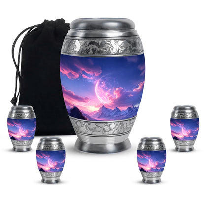 Calming Blue Galaxy Cremation Urn detail view - majestic galaxy pattern with filigree border - memorial set with one large and four small urns