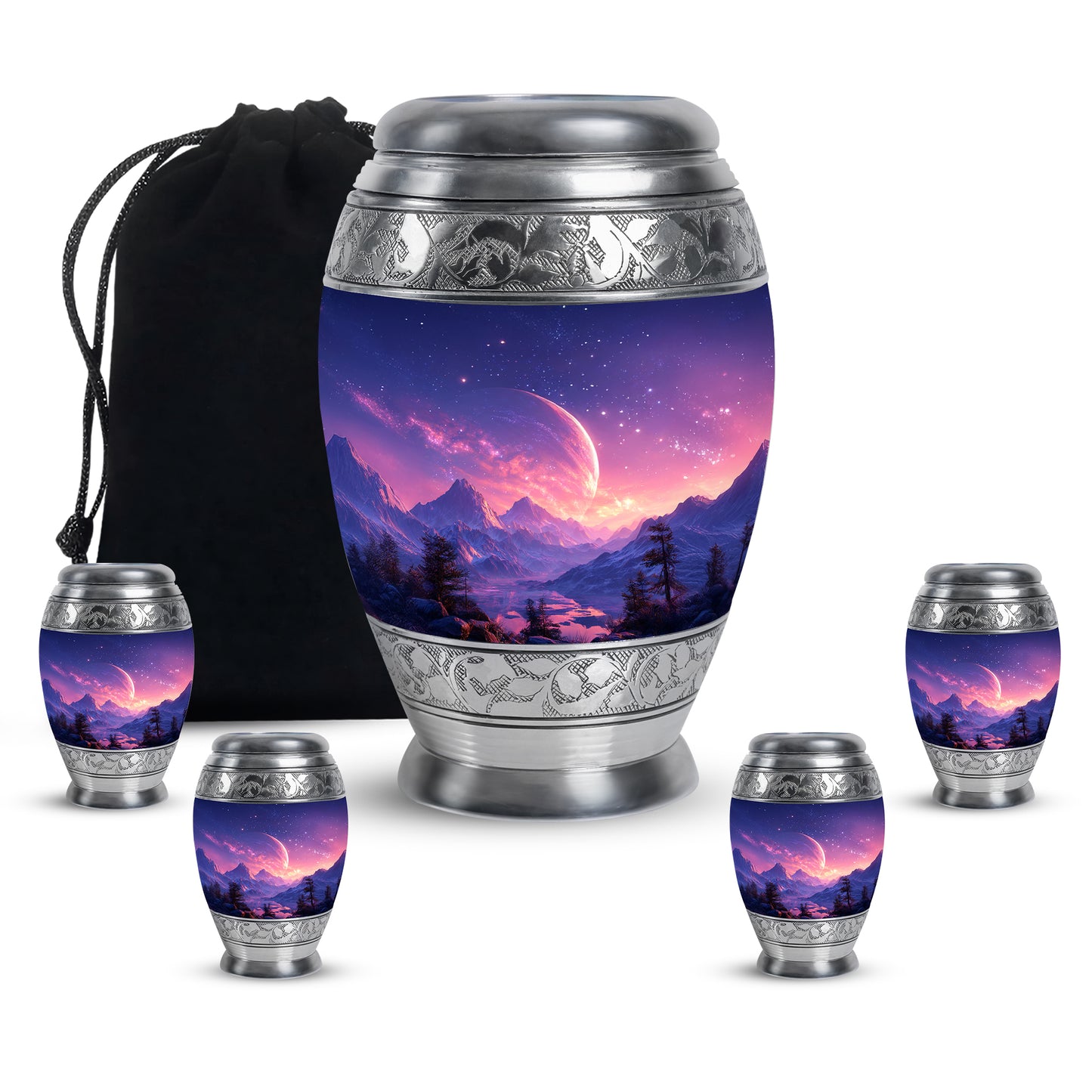 Pastel Blue Galaxy Cremation Urn detail view - regal galaxy design with crown-inspired accents - memorial set with one large and four small urns