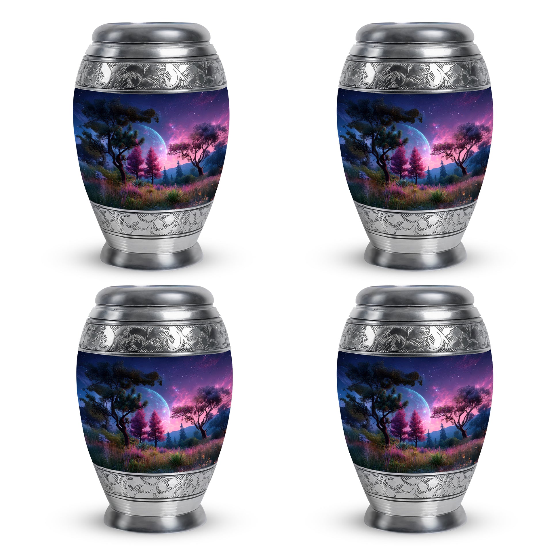 Cornflower Blue Galaxy Cremation Urn urn with complimentary velvet bag - royal galaxy engraving with decorative scrollwork - 10 inch aluminum urn for cremated remains