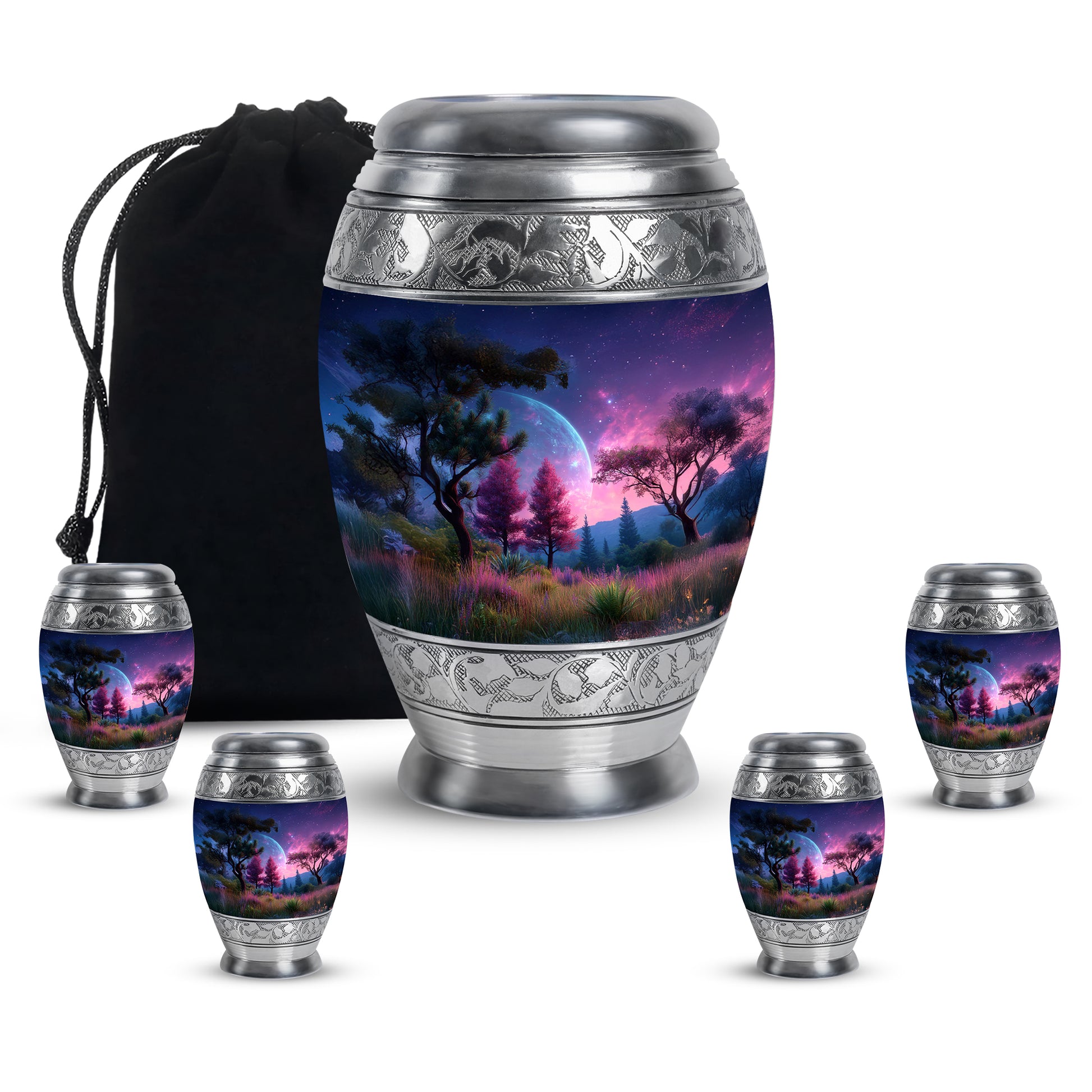 Navy Blue Galaxy Cremation Urn detail view - regal galaxy design with crown-inspired accents - memorial set with one large and four small urns