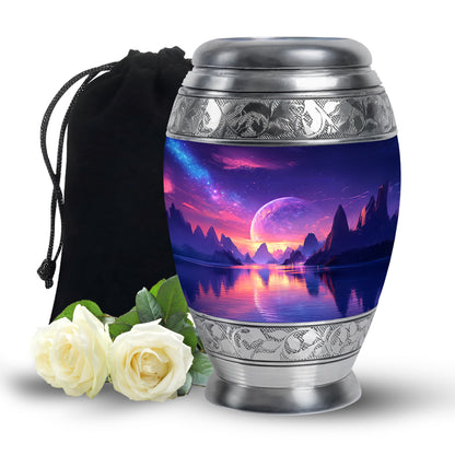Indigo Galaxy Cremation Urn back view with polished surface - regal galaxy design with crown-inspired accents - full-size 10 inch 200 cubic inch adult cremation urn