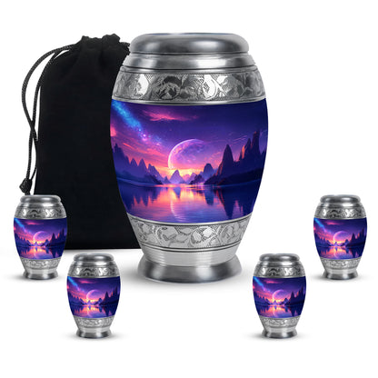 Bright Blue Galaxy Cremation Urn detail view - royal galaxy engraving with decorative scrollwork - memorial set with one large and four small urns