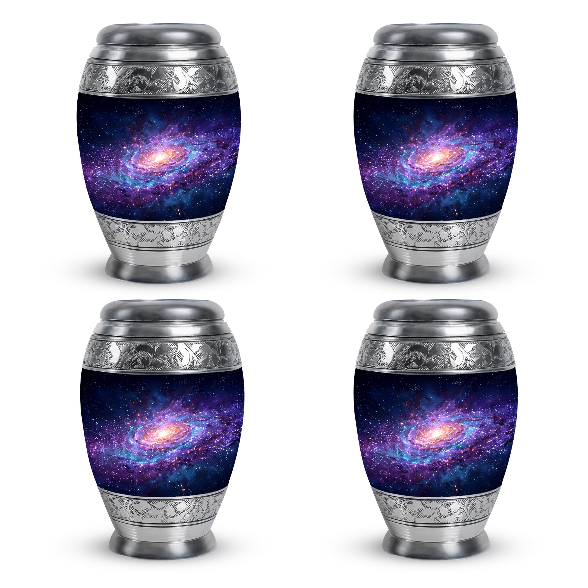 Dusty Blue Galaxy Cremation Urn urn with complimentary velvet bag - ornate monarch-style galaxy relief on brushed aluminum - 10 inch aluminum urn for cremated remains
