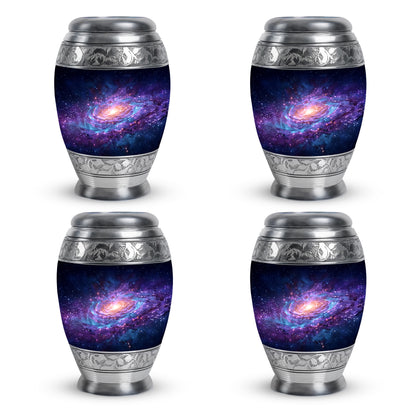Dusty Blue Galaxy Cremation Urn urn with complimentary velvet bag - ornate monarch-style galaxy relief on brushed aluminum - 10 inch aluminum urn for cremated remains