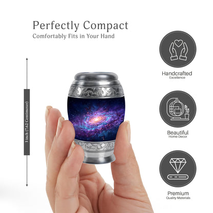 Indigo Galaxy Cremation Urn lifestyle display on memorial shelf - regal galaxy design with crown-inspired accents - mini keepsake memorial for portion of cremation ashes