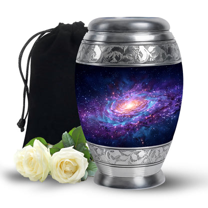 Sky Blue Galaxy Cremation Urn back view with polished surface - ornate monarch-style galaxy relief on brushed aluminum - full-size 10 inch 200 cubic inch adult cremation urn
