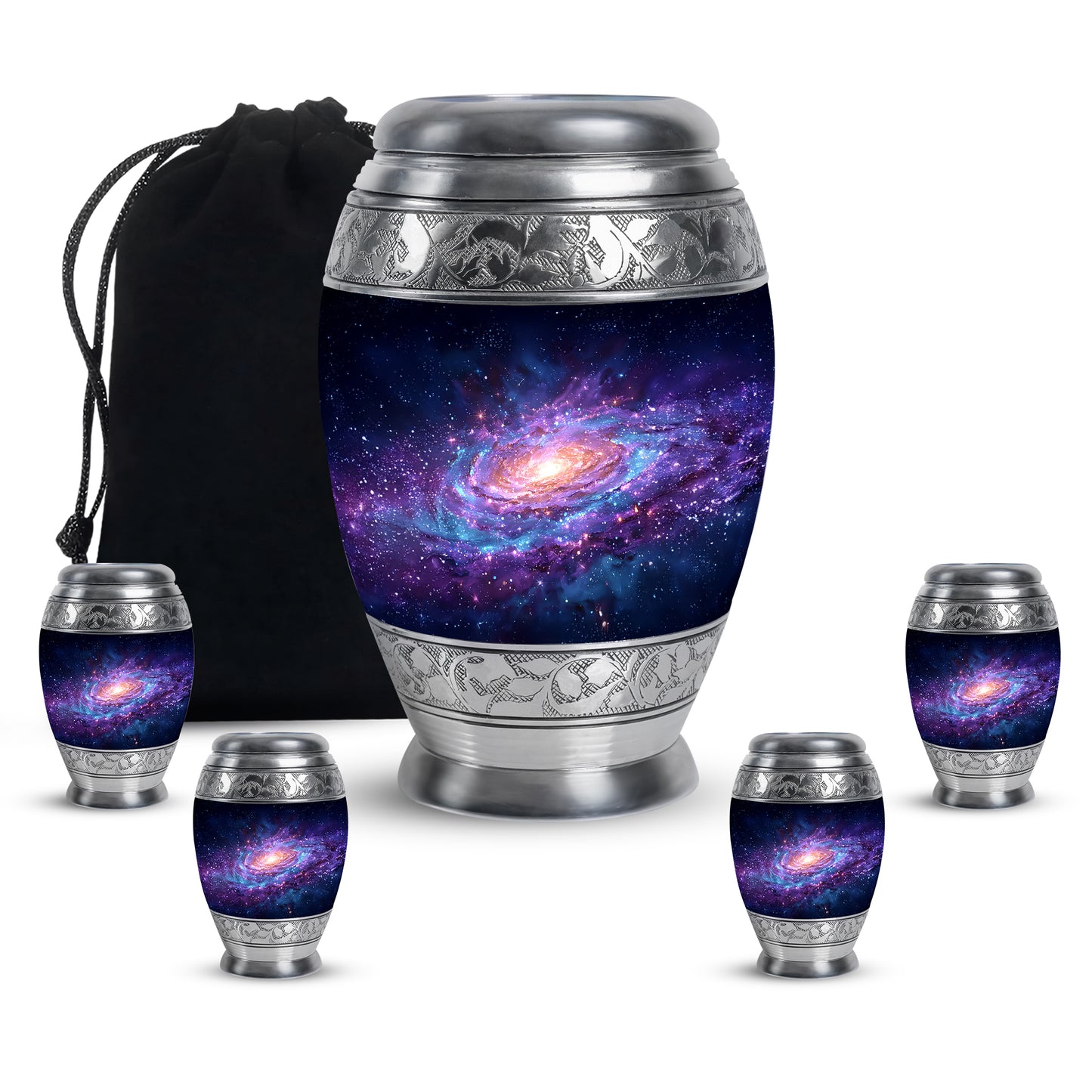 Soft Blue Galaxy Cremation Urn detail view - majestic galaxy pattern with filigree border - memorial set with one large and four small urns