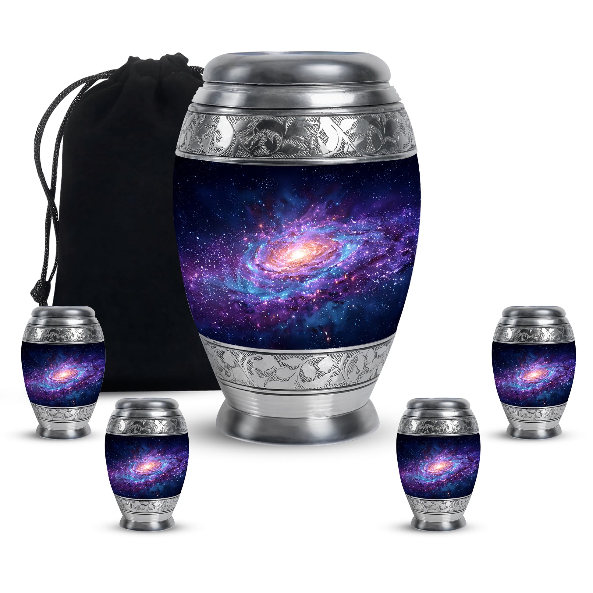 Soft Blue Galaxy Cremation Urn detail view - majestic galaxy pattern with filigree border - memorial set with one large and four small urns