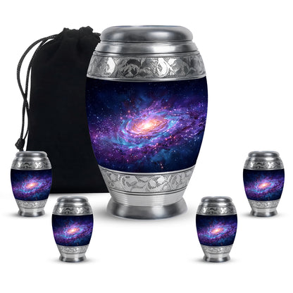 Soft Blue Galaxy Cremation Urn detail view - majestic galaxy pattern with filigree border - memorial set with one large and four small urns