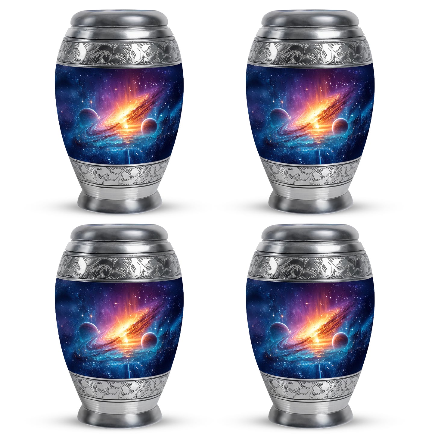 Soft Blue Galaxy Cremation Urn urn with complimentary velvet bag - royal galaxy engraving with decorative scrollwork - 10 inch aluminum urn for cremated remains