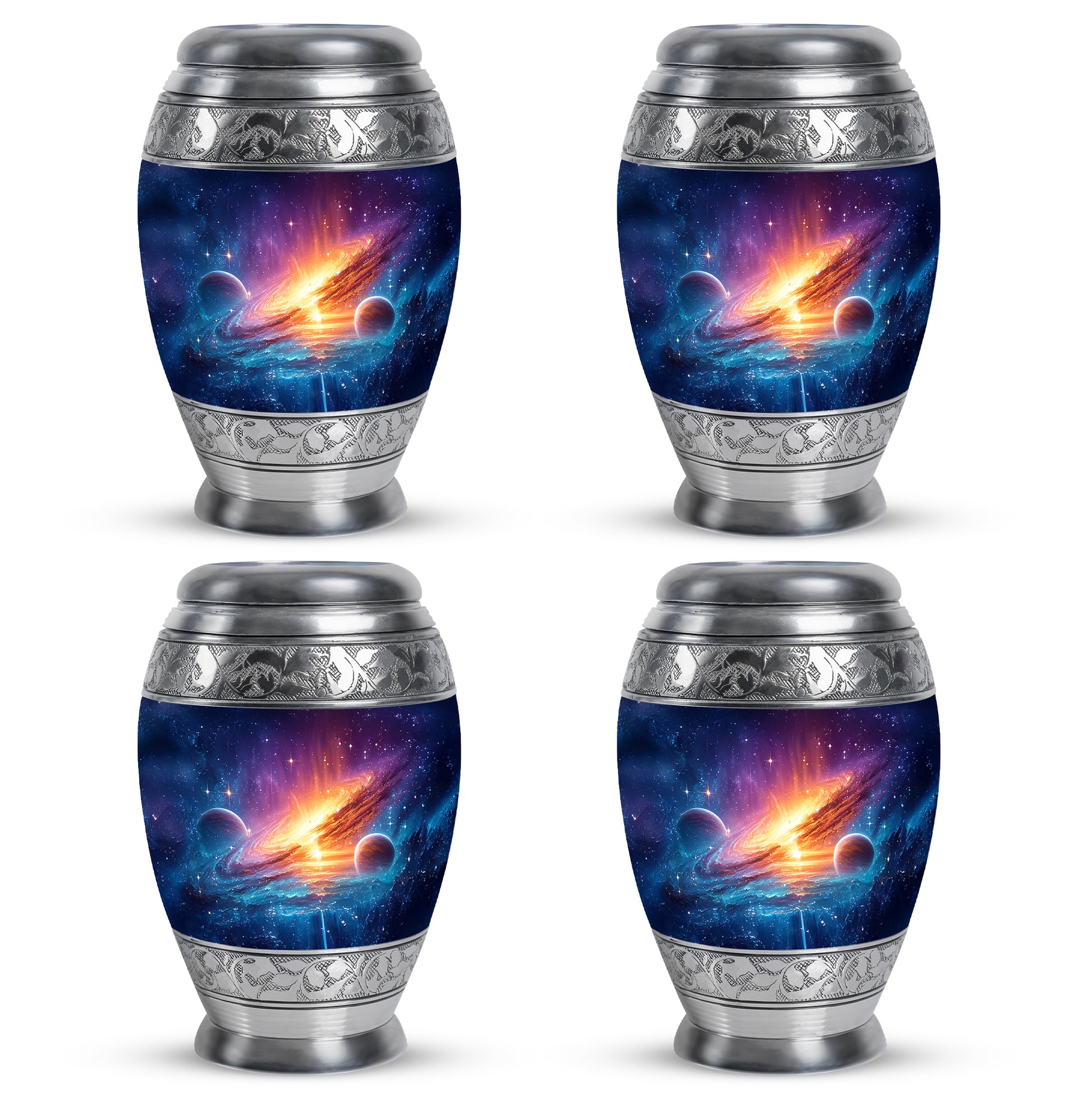 Soft Blue Galaxy Cremation Urn urn with complimentary velvet bag - royal galaxy engraving with decorative scrollwork - 10 inch aluminum urn for cremated remains