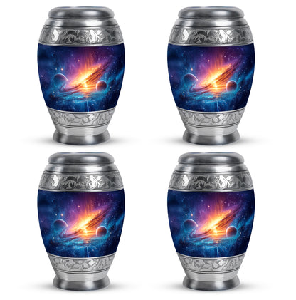 Soft Blue Galaxy Cremation Urn urn with complimentary velvet bag - royal galaxy engraving with decorative scrollwork - 10 inch aluminum urn for cremated remains