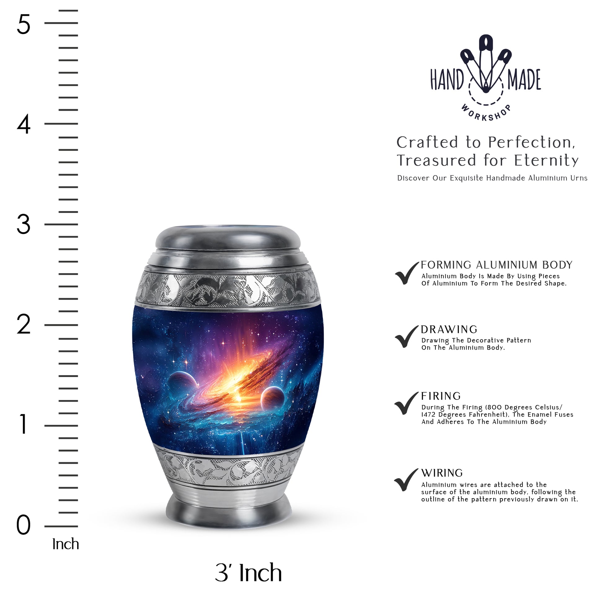 Twilight Blue Galaxy Cremation Urn lifestyle display on memorial shelf - majestic galaxy pattern with filigree border - mini keepsake memorial for portion of cremation ashes