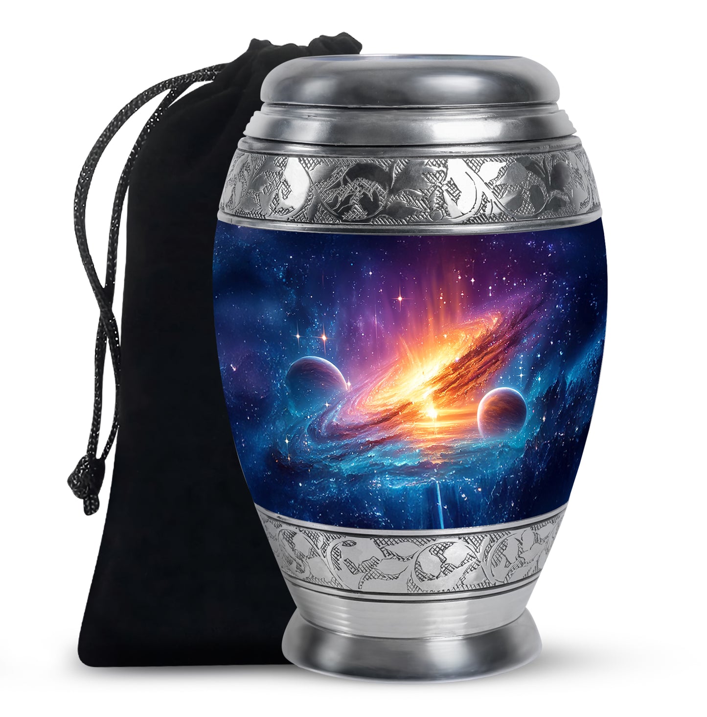 Cobalt Blue Galaxy Cremation Urn back view with polished surface - majestic galaxy pattern with filigree border - full-size 10 inch 200 cubic inch adult cremation urn