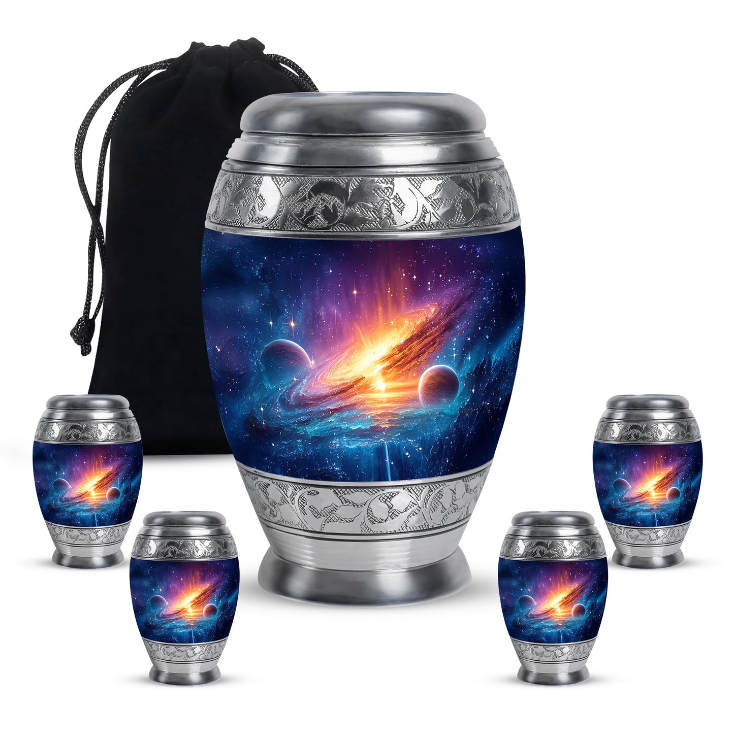 Royal Blue Galaxy Cremation Urn detail view - royal galaxy engraving with decorative scrollwork - memorial set with one large and four small urns