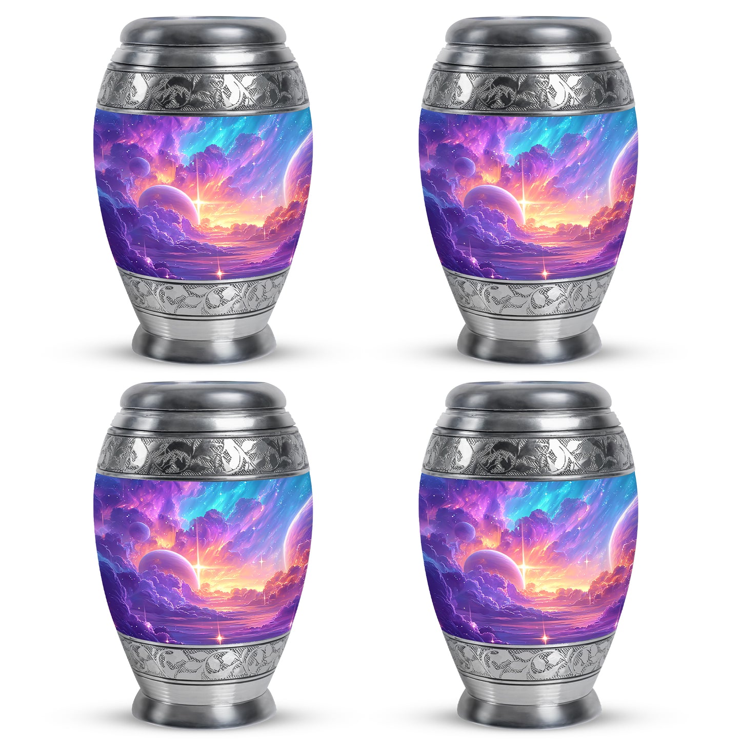 Amethyst Purple Galaxy Cremation Urn urn with complimentary velvet bag - ornate monarch-style galaxy relief on brushed aluminum - 10 inch aluminum urn for cremated remains