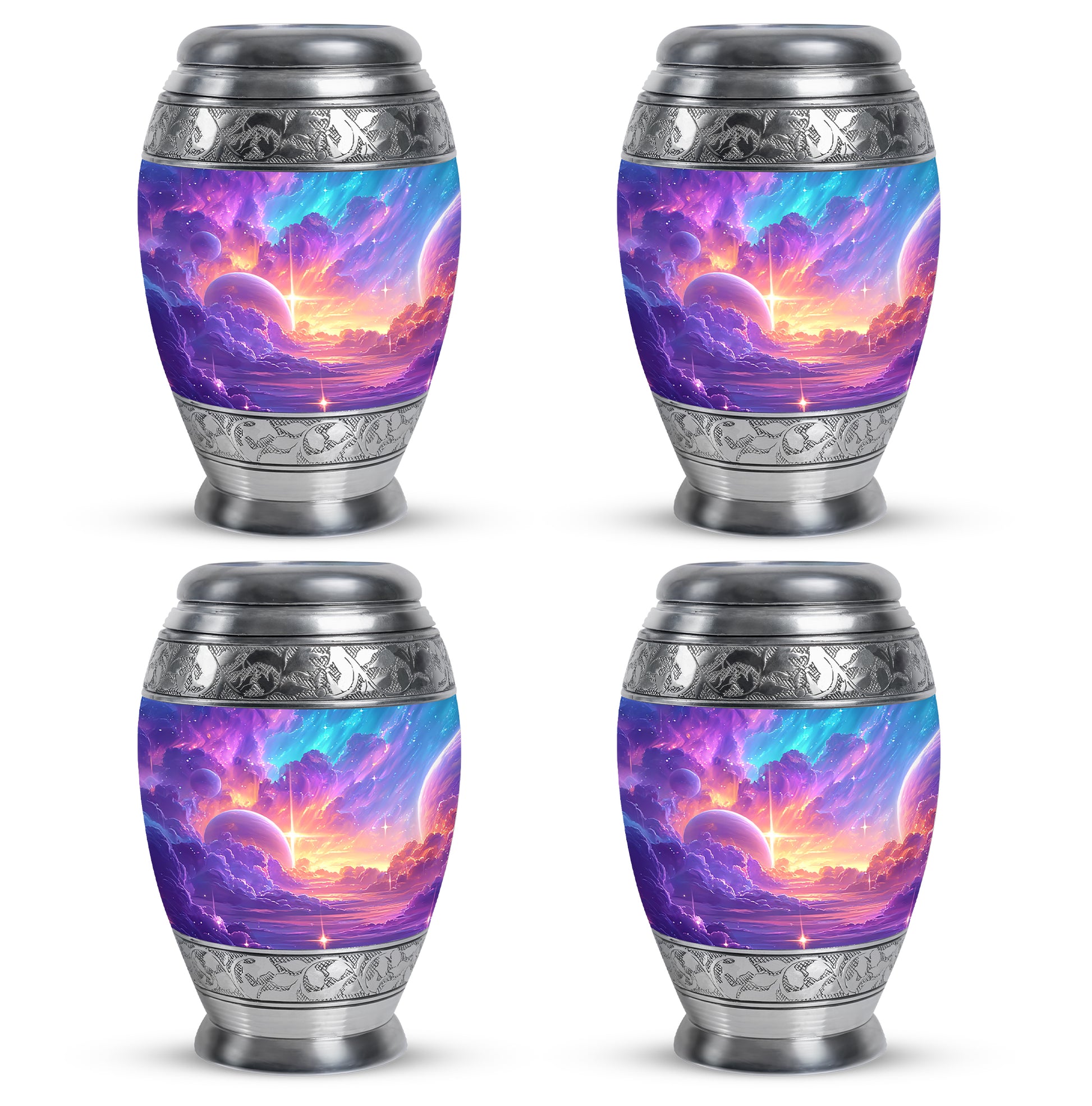 Amethyst Purple Galaxy Cremation Urn urn with complimentary velvet bag - ornate monarch-style galaxy relief on brushed aluminum - 10 inch aluminum urn for cremated remains