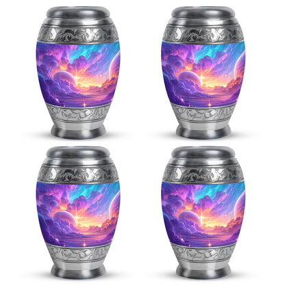 Amethyst Purple Galaxy Cremation Urn urn with complimentary velvet bag - ornate monarch-style galaxy relief on brushed aluminum - 10 inch aluminum urn for cremated remains