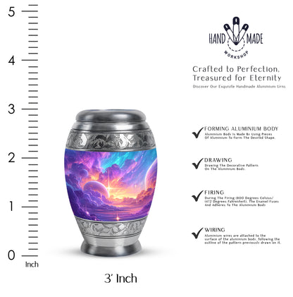 Amethyst Purple Galaxy Cremation Urn lifestyle display on memorial shelf - ornate monarch-style galaxy relief on brushed aluminum - mini keepsake memorial for portion of cremation ashes