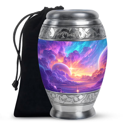 Deep Purple Galaxy Cremation Urn back view with polished surface - regal galaxy design with crown-inspired accents - full-size 10 inch 200 cubic inch adult cremation urn