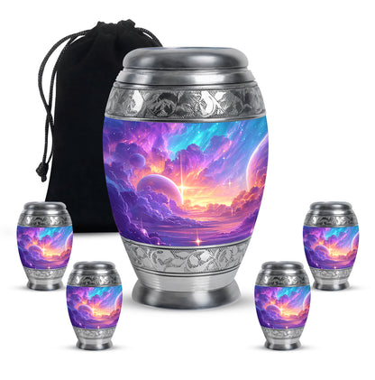 Majestic Purple Galaxy Cremation Urn detail view - regal galaxy design with crown-inspired accents - memorial set with one large and four small urns