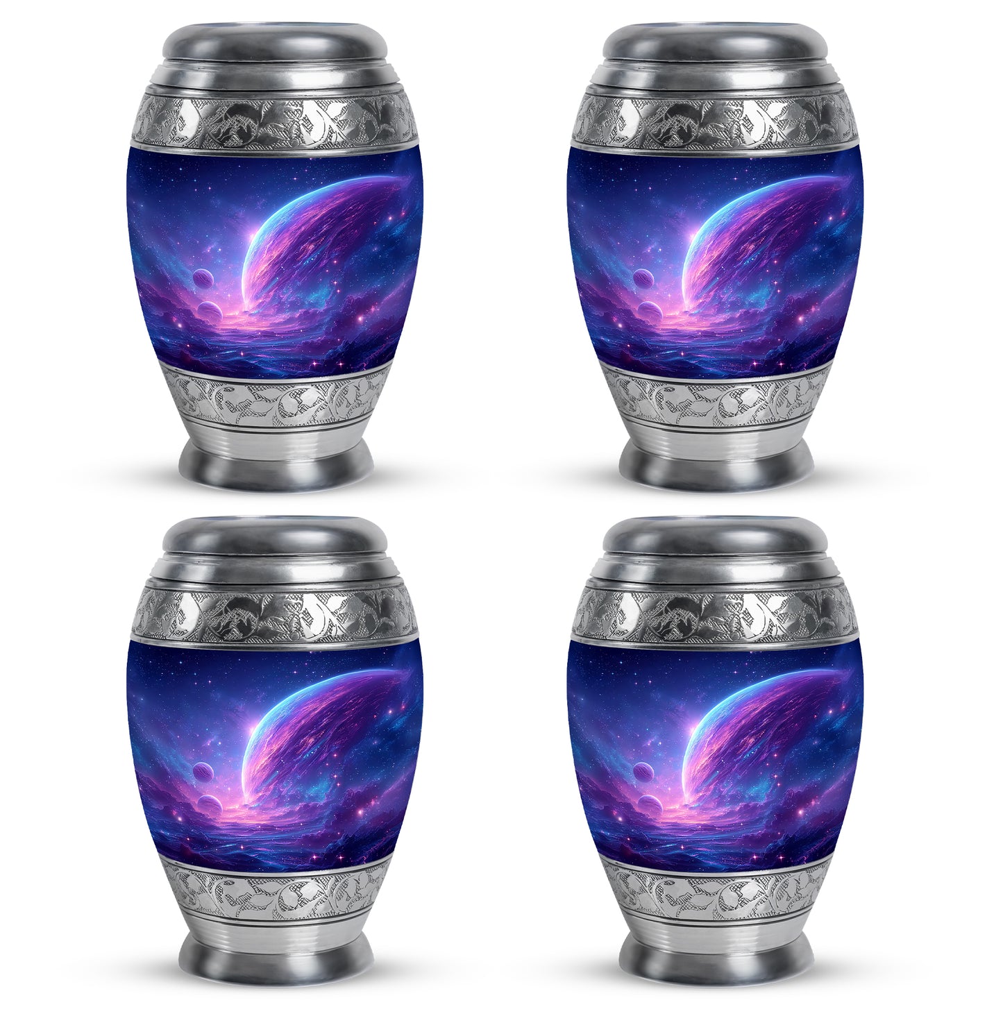 Steel Blue Galaxy Cremation Urn urn with complimentary velvet bag - royal galaxy engraving with decorative scrollwork - 10 inch aluminum urn for cremated remains