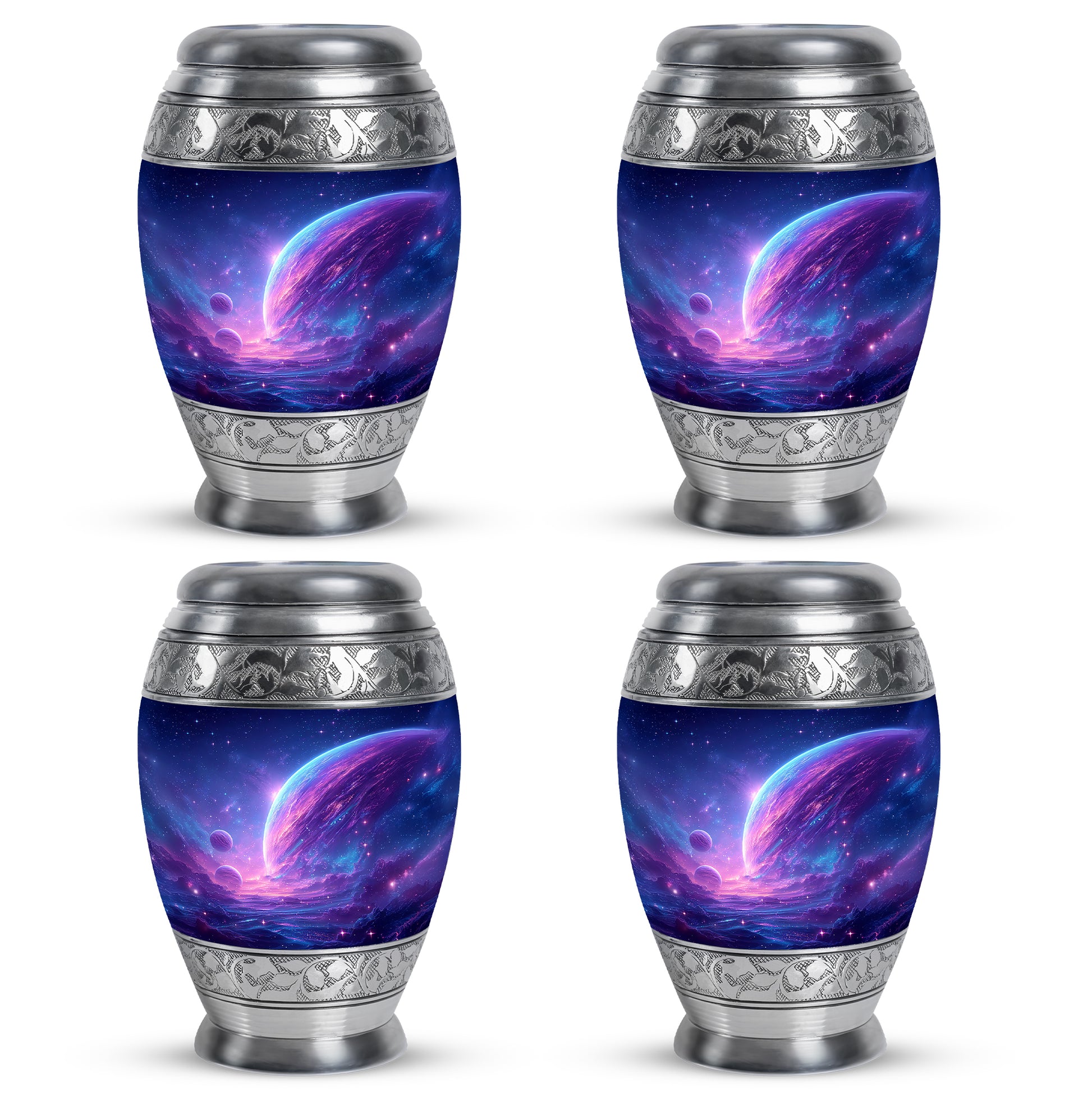 Steel Blue Galaxy Cremation Urn urn with complimentary velvet bag - royal galaxy engraving with decorative scrollwork - 10 inch aluminum urn for cremated remains