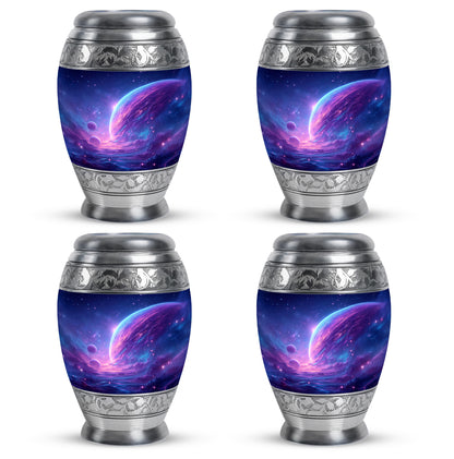 Steel Blue Galaxy Cremation Urn urn with complimentary velvet bag - royal galaxy engraving with decorative scrollwork - 10 inch aluminum urn for cremated remains