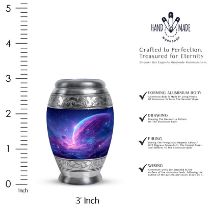 Indigo Galaxy Cremation Urn lifestyle display on memorial shelf - ornate monarch-style galaxy relief on brushed aluminum - mini keepsake memorial for portion of cremation ashes