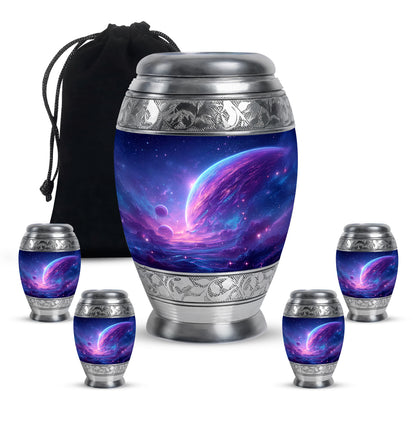 Dusty Blue Galaxy Cremation Urn detail view - regal galaxy design with crown-inspired accents - memorial set with one large and four small urns