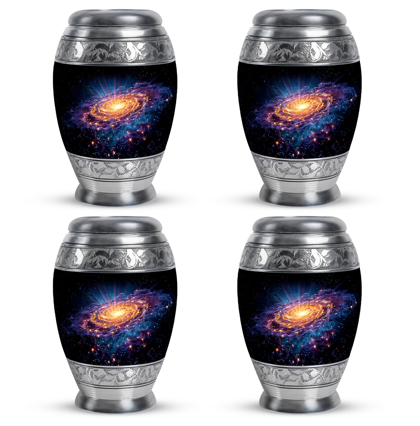 Ebony Galaxy Cremation Urn urn with complimentary velvet bag - ornate monarch-style galaxy relief on brushed aluminum - 10 inch aluminum urn for cremated remains