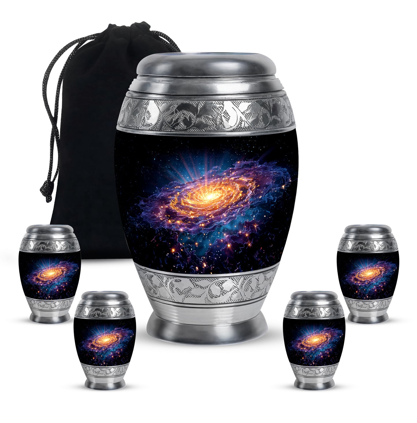 Dark Black Galaxy Cremation Urn detail view - majestic galaxy pattern with filigree border - memorial set with one large and four small urns