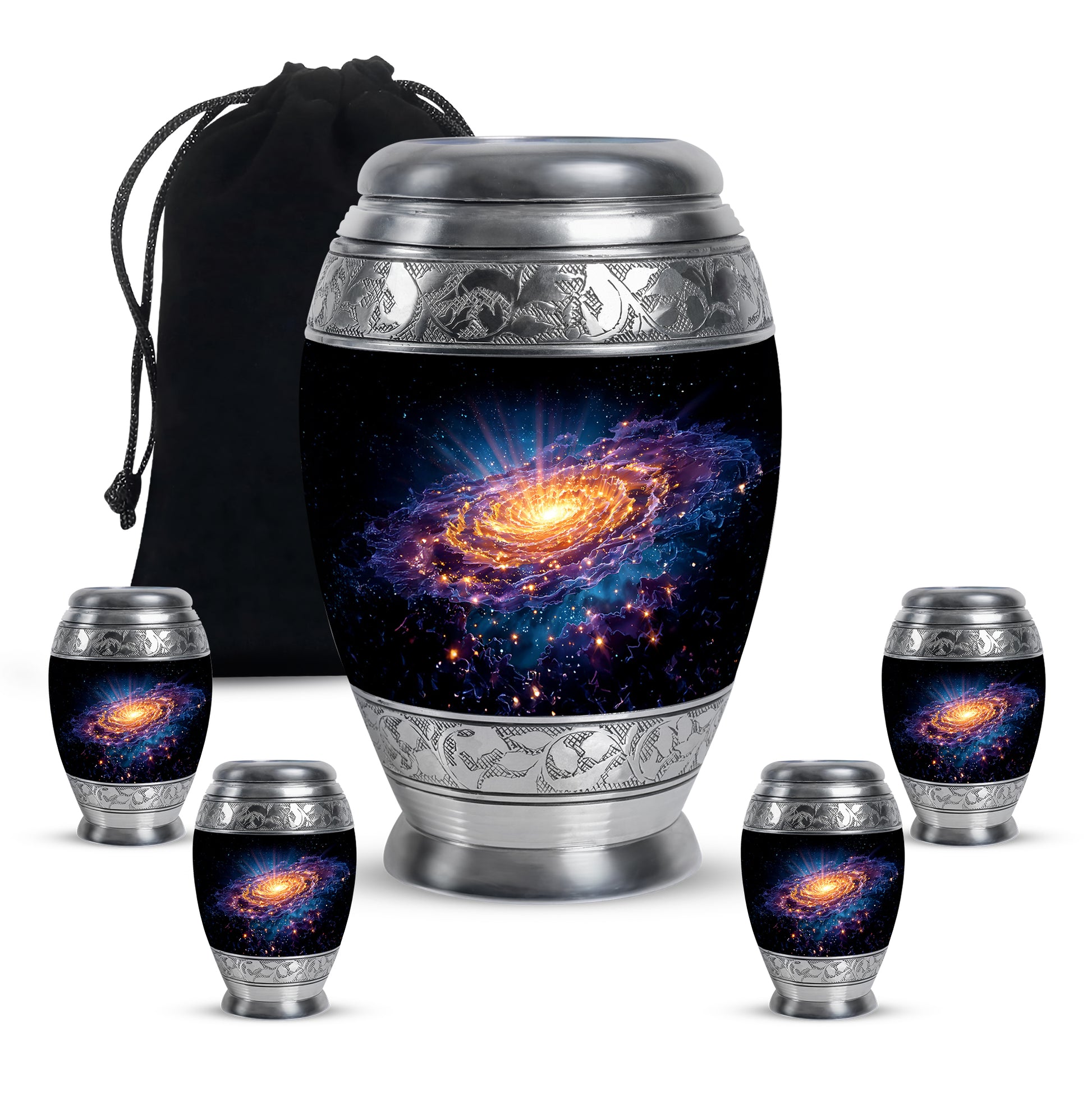 Dark Black Galaxy Cremation Urn detail view - majestic galaxy pattern with filigree border - memorial set with one large and four small urns