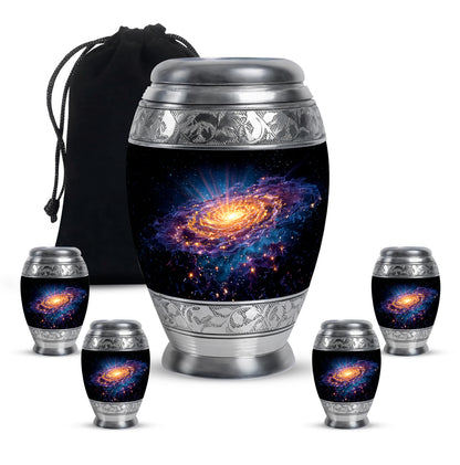 Dark Black Galaxy Cremation Urn detail view - majestic galaxy pattern with filigree border - memorial set with one large and four small urns