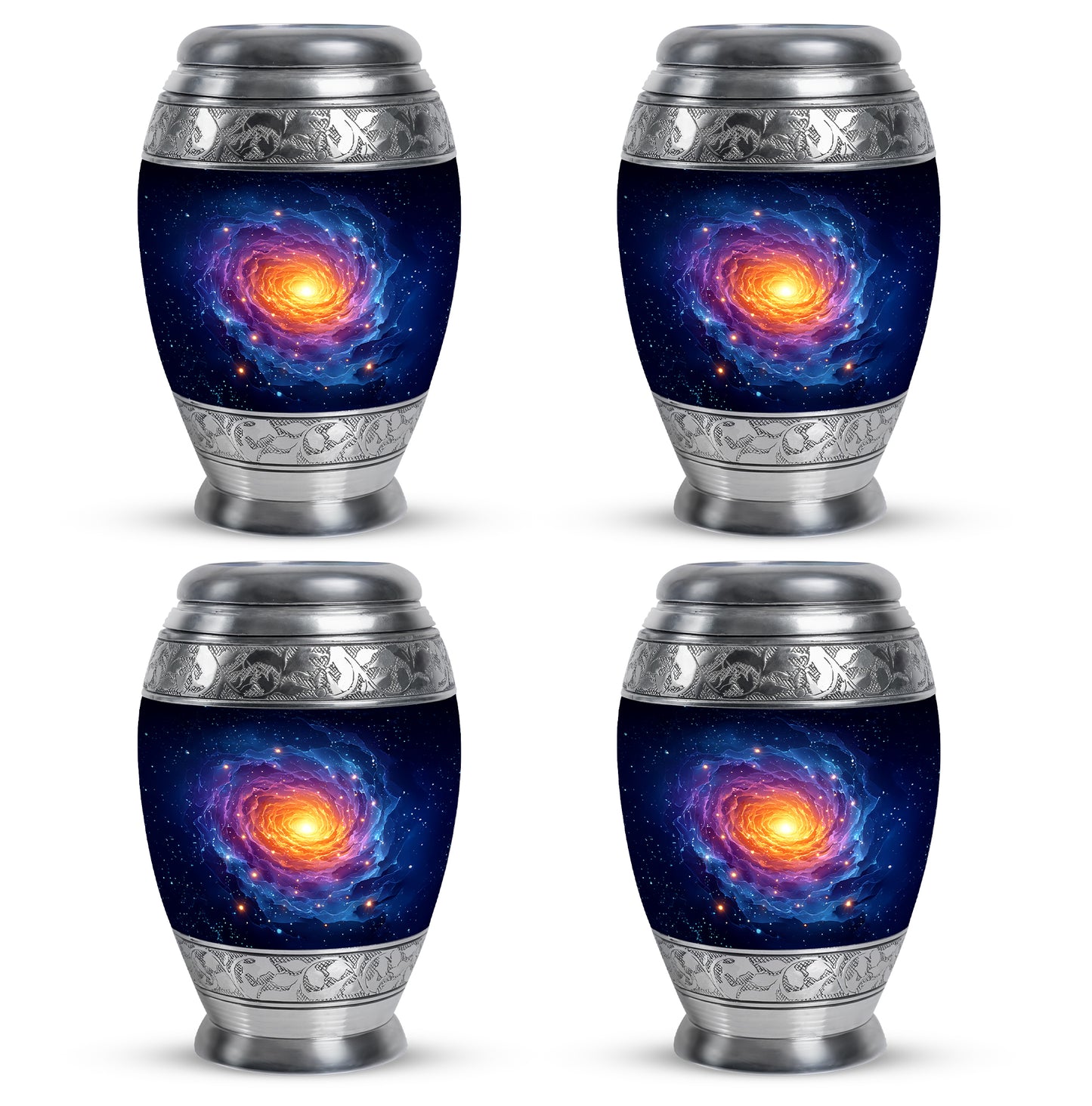 Twilight Blue Galaxy Cremation Urn urn with complimentary velvet bag - royal galaxy engraving with decorative scrollwork - 10 inch aluminum urn for cremated remains