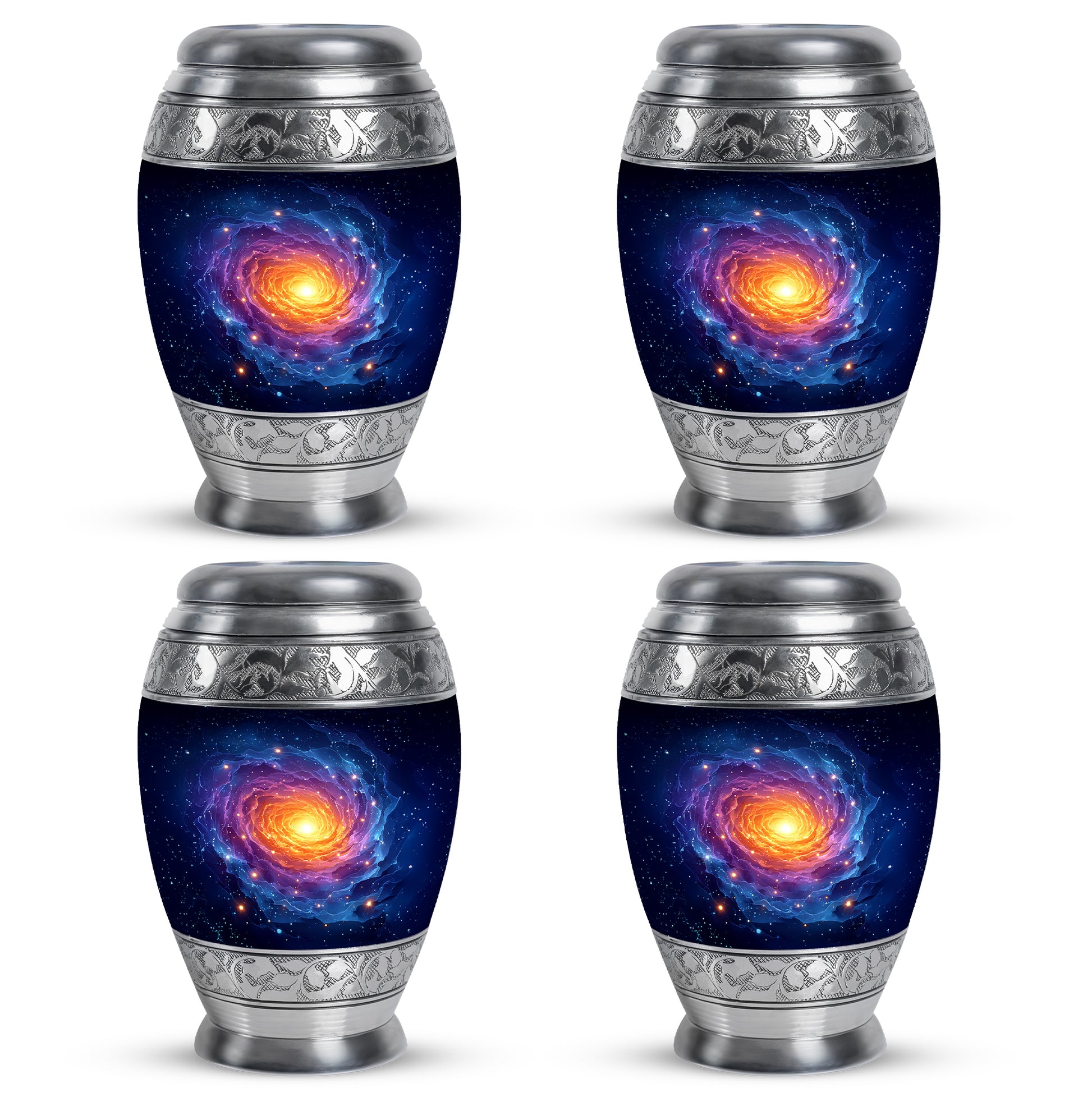 Twilight Blue Galaxy Cremation Urn urn with complimentary velvet bag - royal galaxy engraving with decorative scrollwork - 10 inch aluminum urn for cremated remains