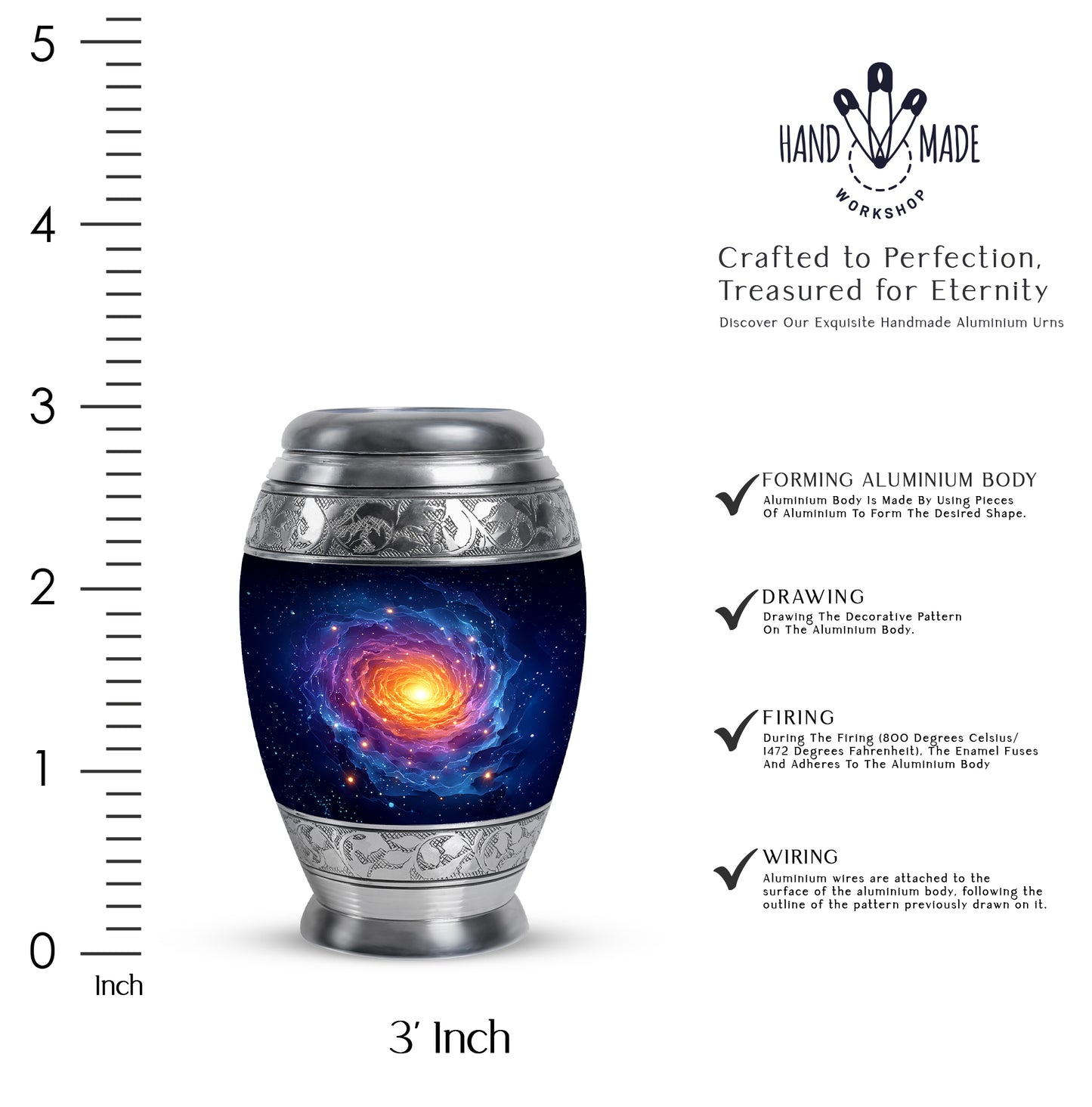 Celestial Blue Galaxy Cremation Urn lifestyle display on memorial shelf - regal galaxy design with crown-inspired accents - mini keepsake memorial for portion of cremation ashes