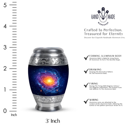 Celestial Blue Galaxy Cremation Urn lifestyle display on memorial shelf - regal galaxy design with crown-inspired accents - mini keepsake memorial for portion of cremation ashes