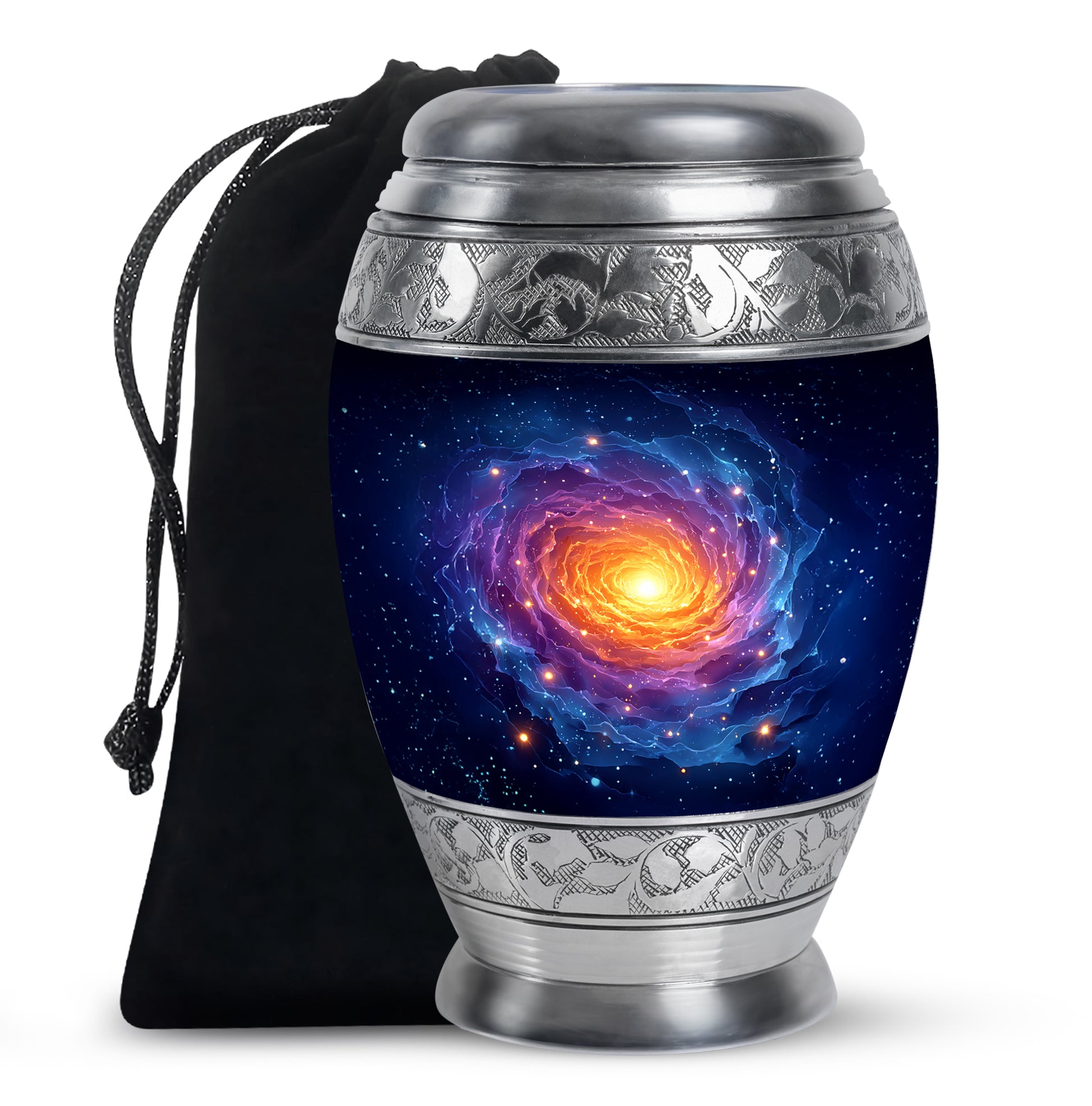 Royal Blue Galaxy Cremation Urn back view with polished surface - majestic galaxy pattern with filigree border - full-size 10 inch 200 cubic inch adult cremation urn