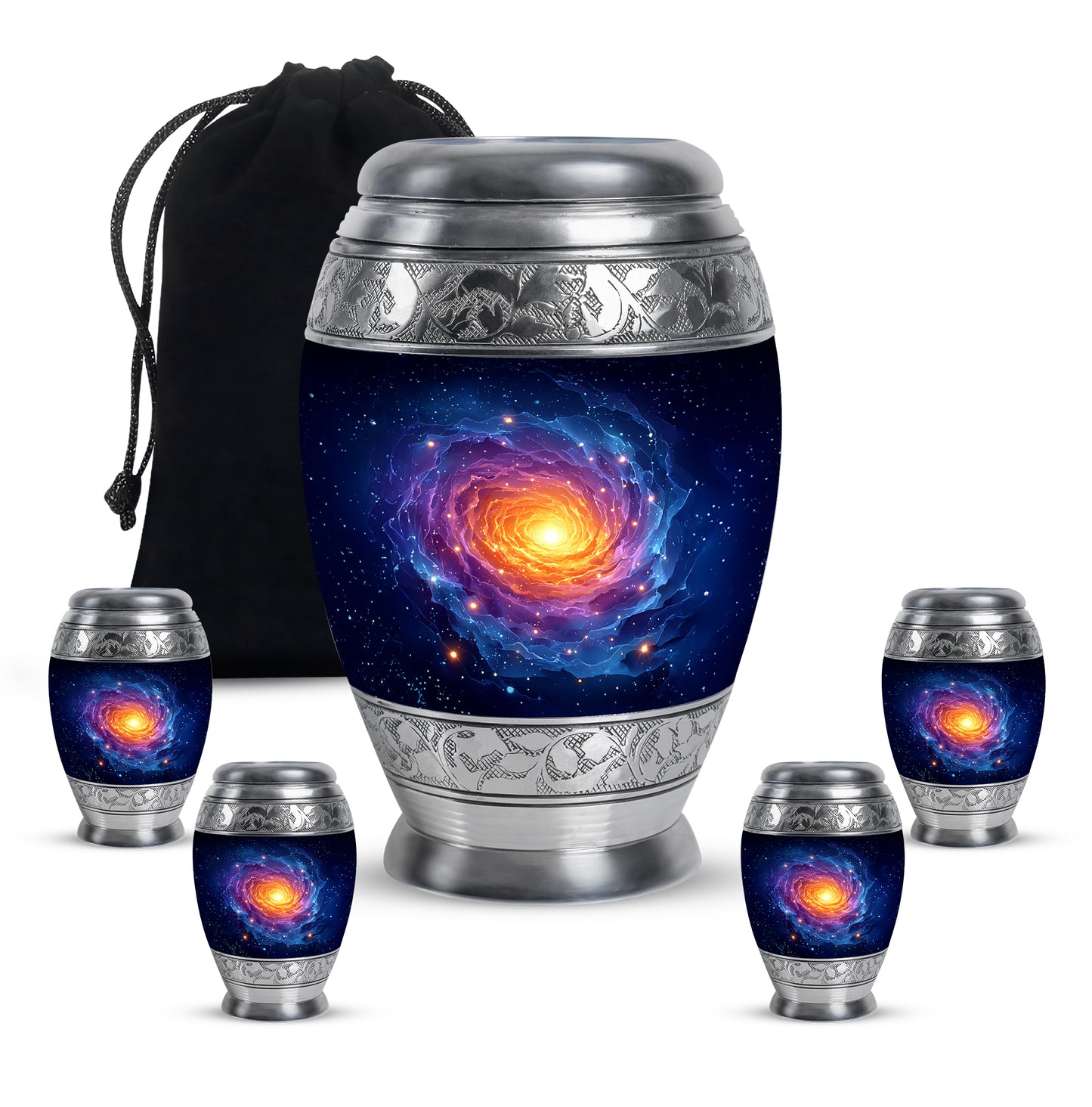 Royal Blue Galaxy Cremation Urn detail view - royal galaxy engraving with decorative scrollwork - memorial set with one large and four small urns