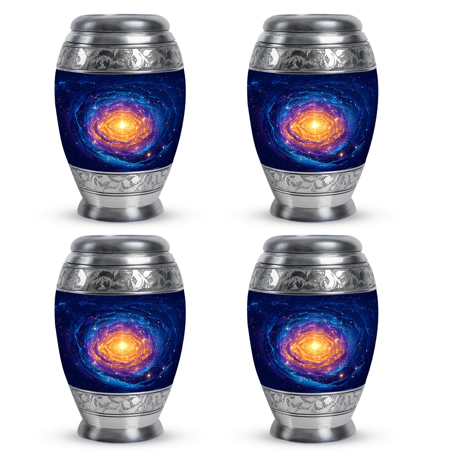 Cobalt Blue Galaxy Cremation Urn urn with complimentary velvet bag - royal galaxy engraving with decorative scrollwork - 10 inch aluminum urn for cremated remains